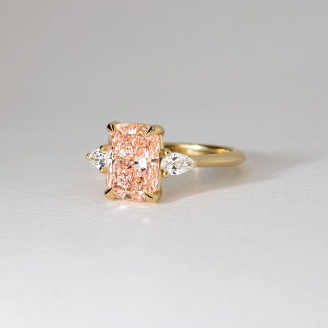 3.50 Carat Elongated Cushion Pink Diamond Trilogy Engagement Ring in Yellow Gold - Amaya