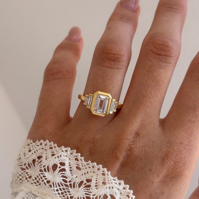 2 Carat Lab Grown Emerald Diamond Five Stone Engagement Ring in Yellow Gold - Kaia Bezel