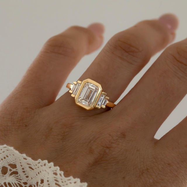 2 Carat Lab Grown Emerald Diamond Five Stone Engagement Ring in Yellow Gold - Kaia Bezel