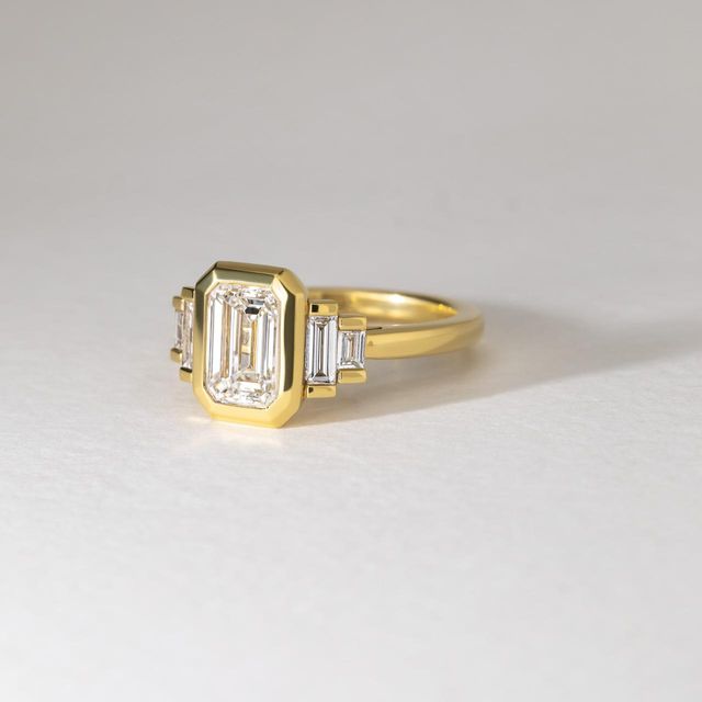 2 Carat Lab Grown Emerald Diamond Five Stone Engagement Ring in Yellow Gold - Kaia Bezel
