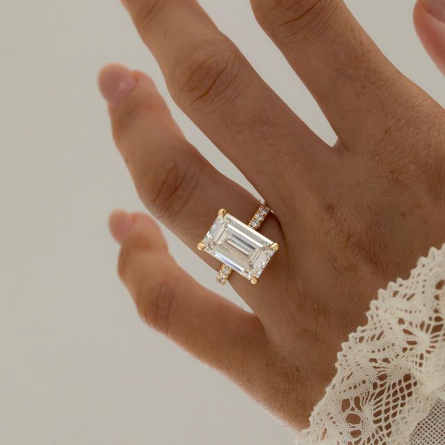 8 Carat Lab Grown Emerald Cut Diamond Pavé Band Engagement Ring in Yellow Gold - Kate