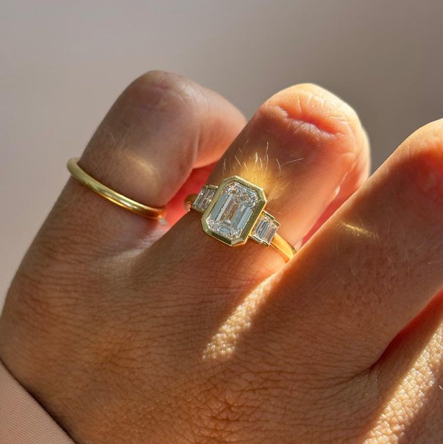 2 Carat Lab Grown Emerald Diamond Bezel Five Stone Engagement Ring in Yellow Gold - Kaia Customised