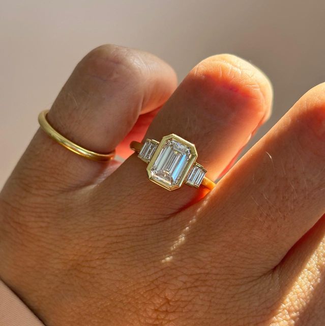 2 Carat Lab Grown Emerald Diamond Bezel Five Stone Engagement Ring in Yellow Gold - Kaia Customised