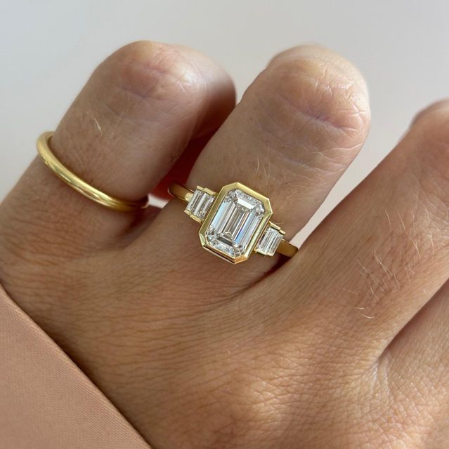 2 Carat Lab Grown Emerald Diamond Bezel Five Stone Engagement Ring in Yellow Gold - Kaia Customised
