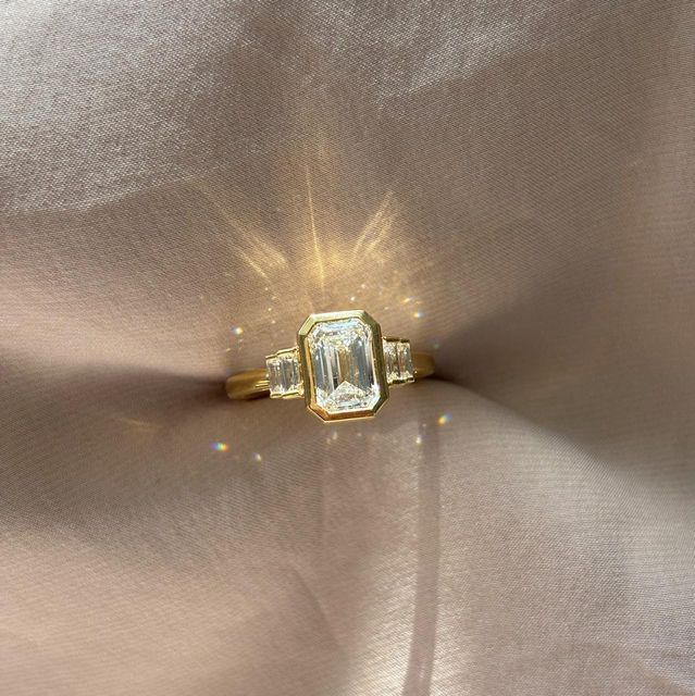 2 Carat Lab Grown Emerald Diamond Bezel Five Stone Engagement Ring in Yellow Gold - Kaia Customised