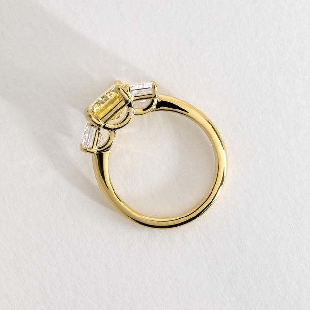 3.50 Carat Lab Grown Oval Yellow Diamond Trilogy Engagement Ring in Yellow Gold - Cairo