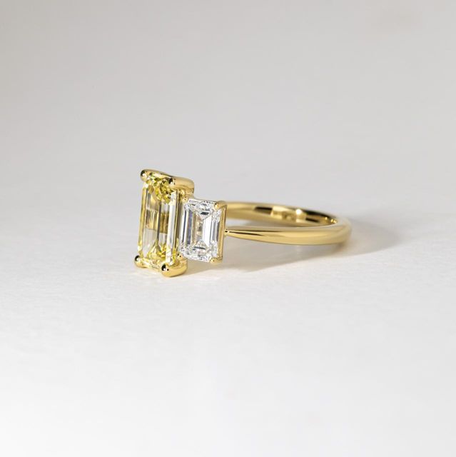 3.50 Carat Lab Grown Oval Yellow Diamond Trilogy Engagement Ring in Yellow Gold - Cairo