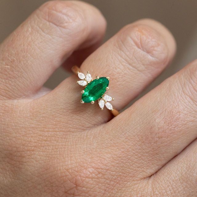 0.96 Carat Natural Marquise Green Emerald Cluster Engagement Ring in Yellow Gold - Adriana