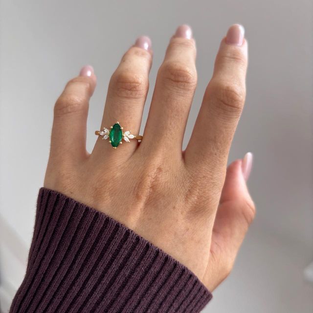 0.96 Carat Natural Marquise Green Emerald Cluster Engagement Ring in Yellow Gold - Adriana