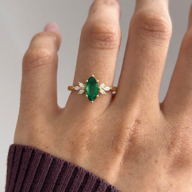 0.96 Carat Natural Marquise Green Emerald Cluster Engagement Ring in Yellow Gold - Adriana