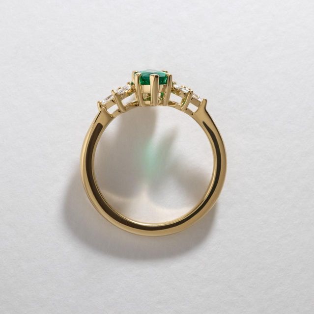 0.96 Carat Natural Marquise Green Emerald Cluster Engagement Ring in Yellow Gold - Adriana
