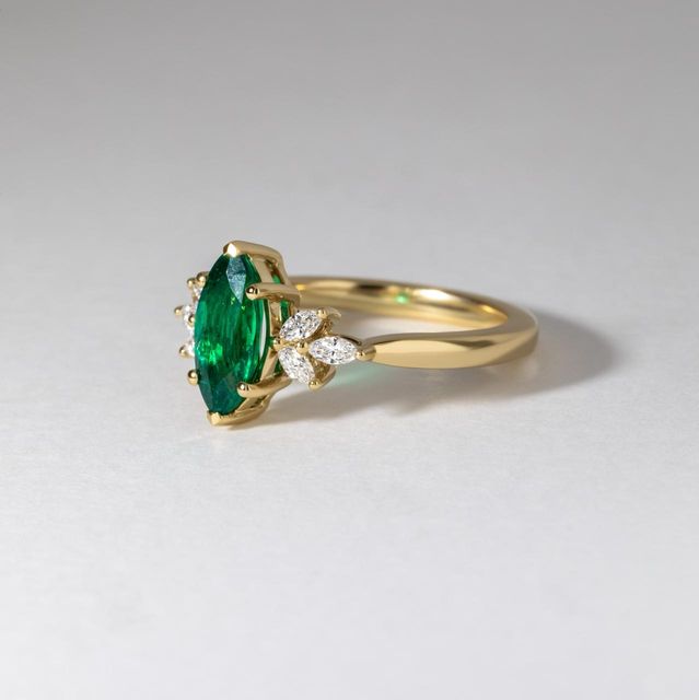 0.96 Carat Natural Marquise Green Emerald Cluster Engagement Ring in Yellow Gold - Adriana
