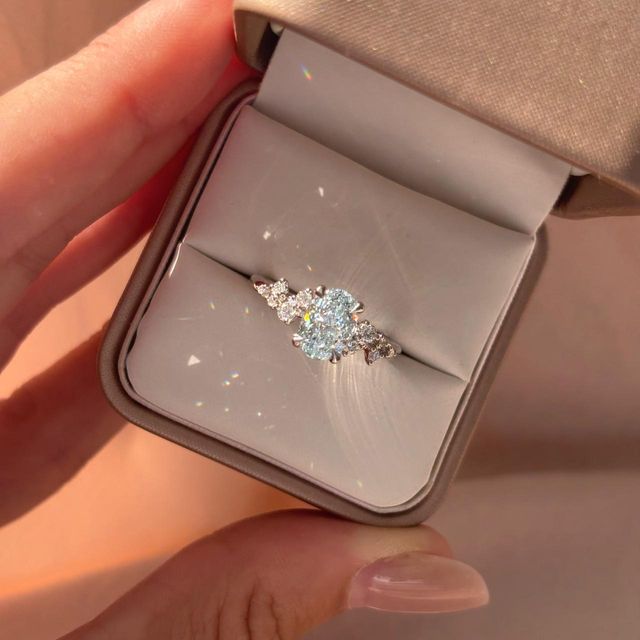 1.50 Carat Lab Grown Oval Blue Diamond Cluster Engagement Ring in Platinum - Morning Star