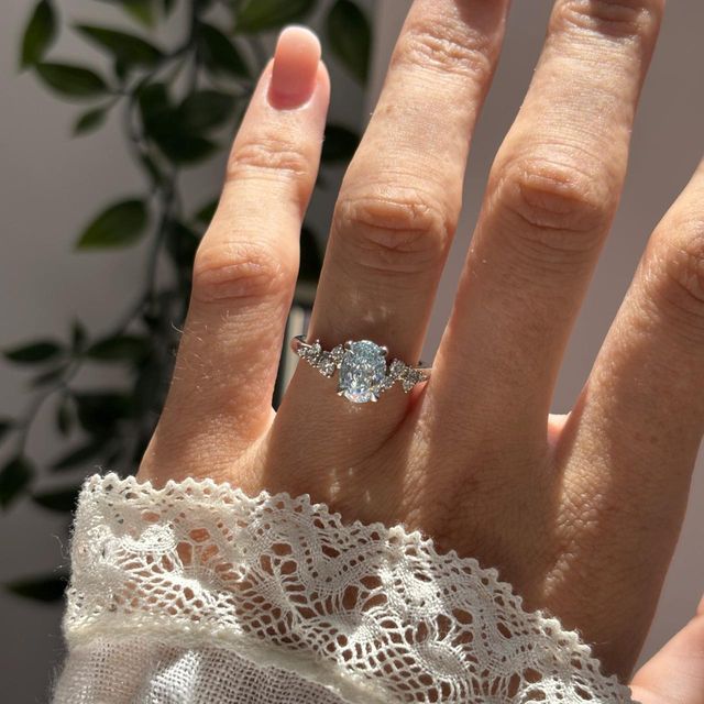 1.50 Carat Lab Grown Oval Blue Diamond Cluster Engagement Ring in Platinum - Morning Star