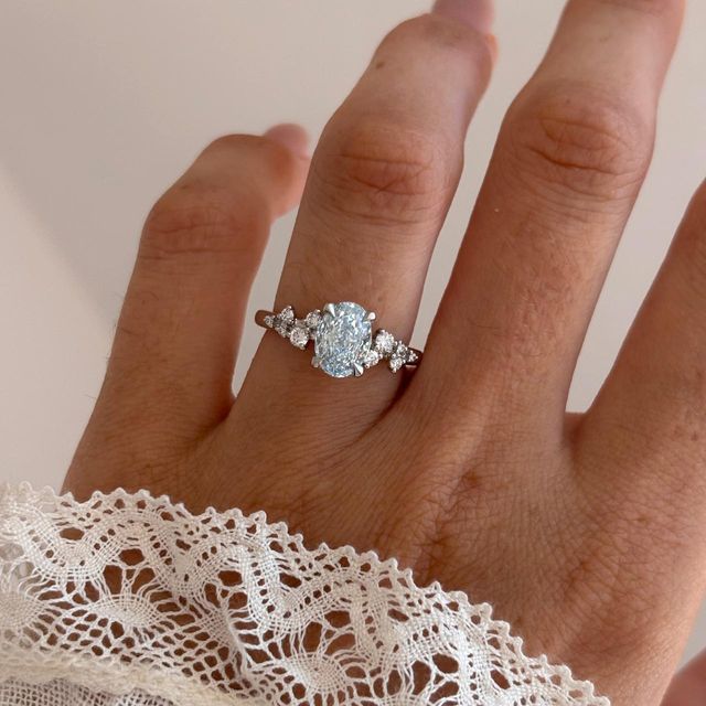 1.50 Carat Lab Grown Oval Blue Diamond Cluster Engagement Ring in Platinum - Morning Star