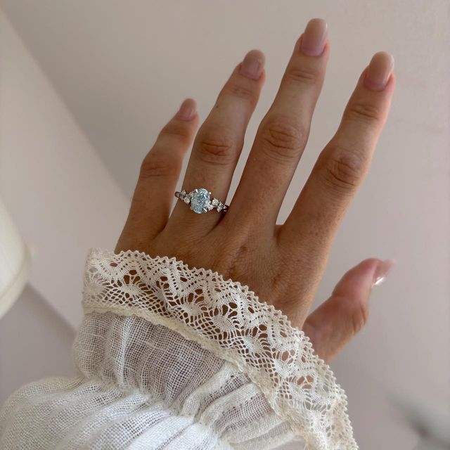 1.50 Carat Lab Grown Oval Blue Diamond Cluster Engagement Ring in Platinum - Morning Star