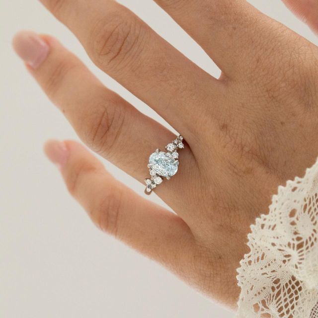 1.50 Carat Lab Grown Oval Blue Diamond Cluster Engagement Ring in Platinum - Morning Star