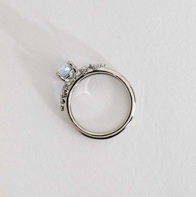 1.50 Carat Lab Grown Oval Blue Diamond Cluster Engagement Ring in Platinum - Morning Star