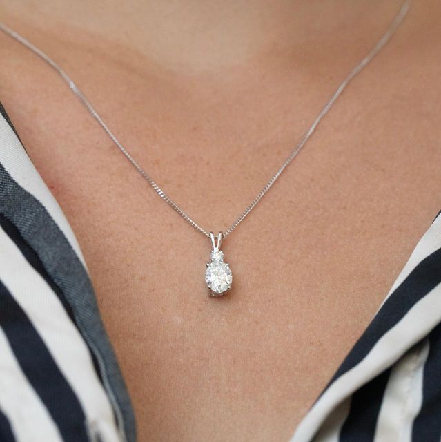 1.10 Carat Lab Grown Oval Diamond Drop Pendant in 18k White Gold