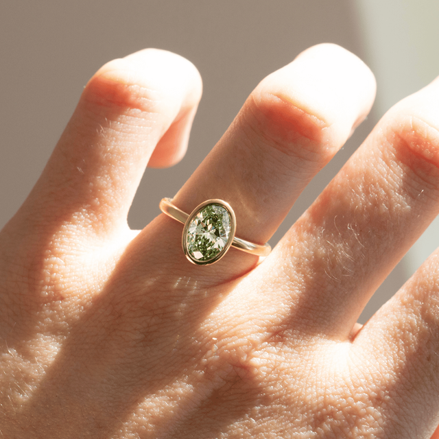 1.60 Carat Lab Grown Oval Green Diamond Bezel Set Engagement Ring in Yellow Gold - Chloe