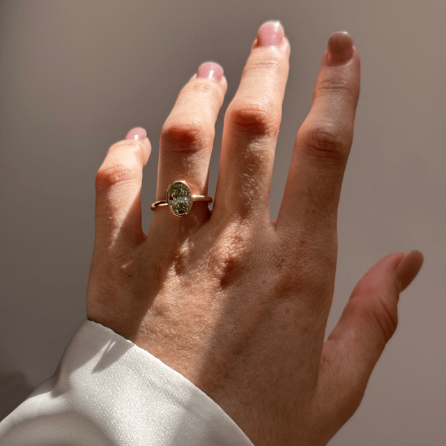 1.60 Carat Lab Grown Oval Green Diamond Bezel Set Engagement Ring in Yellow Gold - Chloe