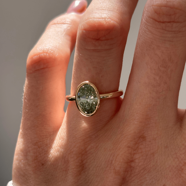 1.60 Carat Lab Grown Oval Green Diamond Bezel Set Engagement Ring in Yellow Gold - Chloe