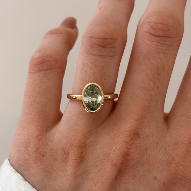 1.60 Carat Lab Grown Oval Green Diamond Bezel Set Engagement Ring in Yellow Gold - Chloe