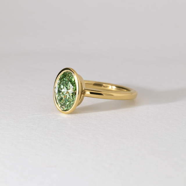 1.60 Carat Lab Grown Oval Green Diamond Bezel Set Engagement Ring in Yellow Gold - Chloe