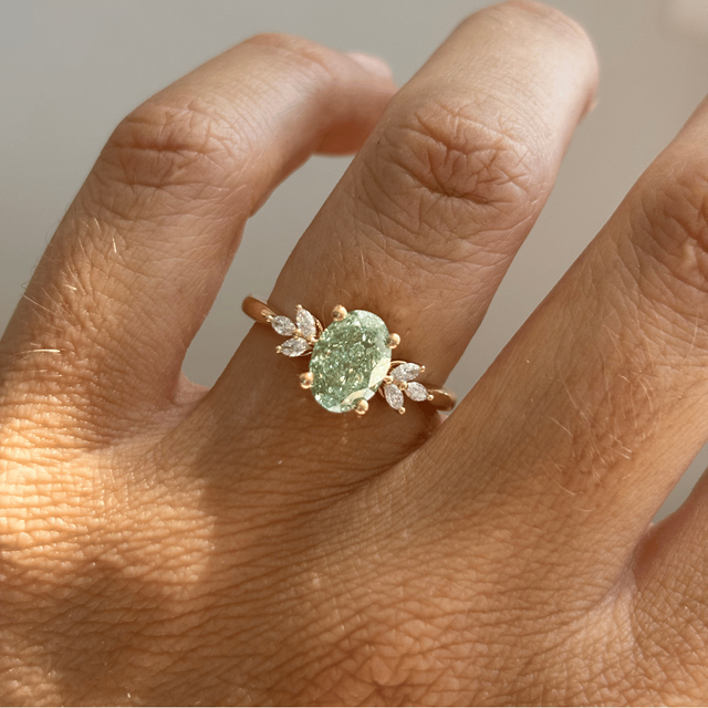 2 Carat Lab Grown Oval Green Diamond Cluster Engagement Ring in Yellow Gold - Adriana