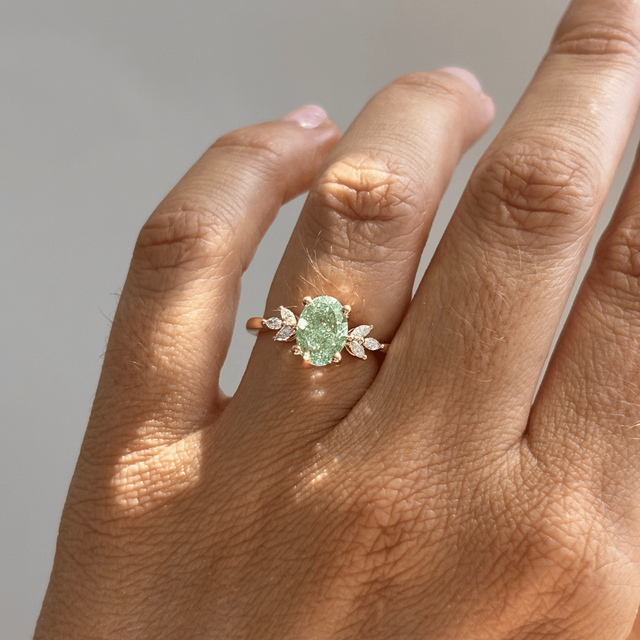 2 Carat Lab Grown Oval Green Diamond Cluster Engagement Ring in Yellow Gold - Adriana