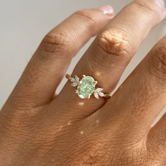 2 Carat Lab Grown Oval Green Diamond Cluster Engagement Ring in Yellow Gold - Adriana
