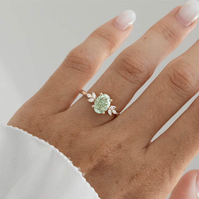 2 Carat Lab Grown Oval Green Diamond Cluster Engagement Ring in Yellow Gold - Adriana