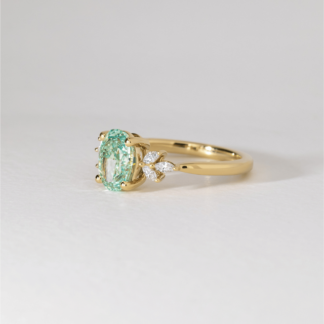 2 Carat Lab Grown Oval Green Diamond Cluster Engagement Ring in Yellow Gold - Adriana