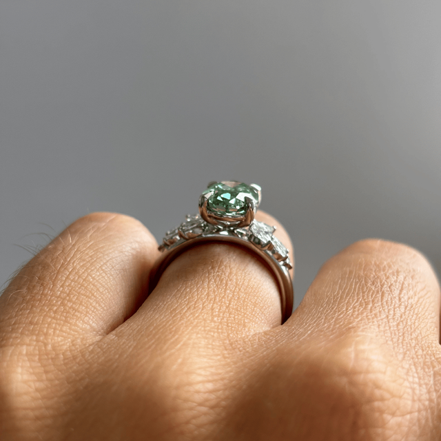 3 Carat Lab Grown Oval Green Diamond Cluster Bespoke Engagement Ring in Platinum
