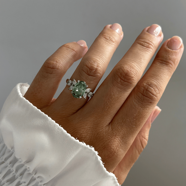 3 Carat Lab Grown Oval Green Diamond Cluster Bespoke Engagement Ring in Platinum