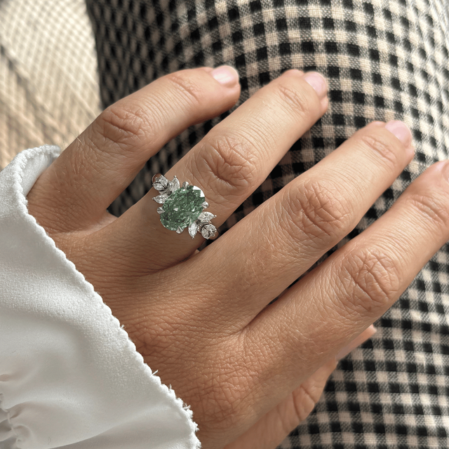 3 Carat Lab Grown Oval Green Diamond Cluster Bespoke Engagement Ring in Platinum