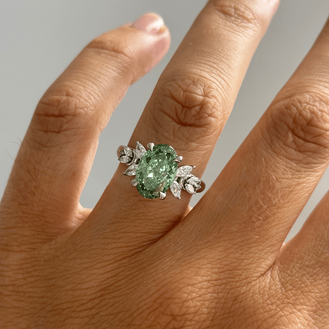 3 Carat Lab Grown Oval Green Diamond Cluster Bespoke Engagement Ring in Platinum