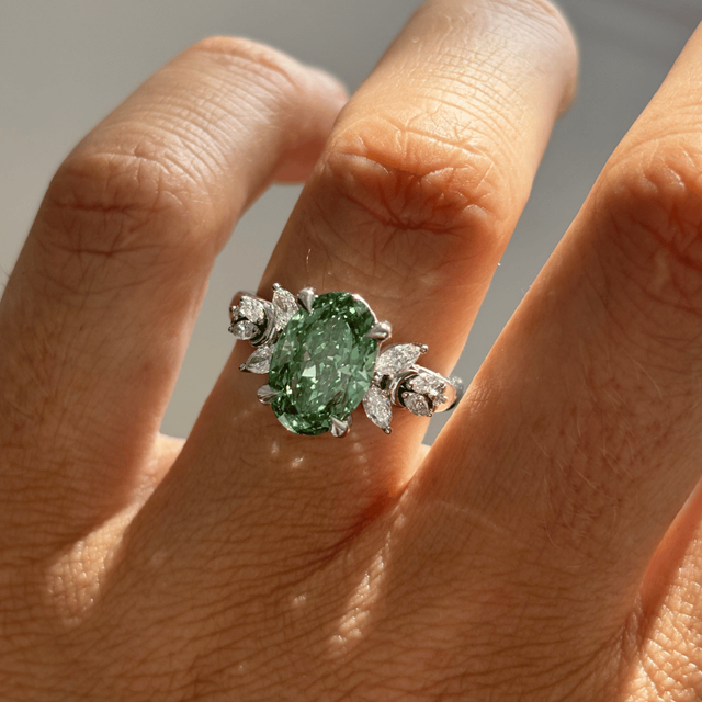 3 Carat Lab Grown Oval Green Diamond Cluster Bespoke Engagement Ring in Platinum