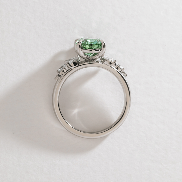 3 Carat Lab Grown Oval Green Diamond Cluster Bespoke Engagement Ring in Platinum
