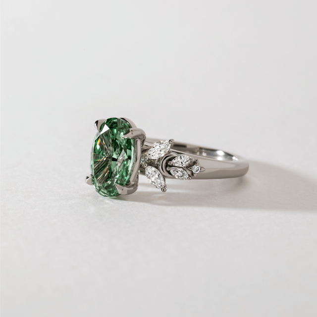 3 Carat Lab Grown Oval Green Diamond Cluster Bespoke Engagement Ring in Platinum