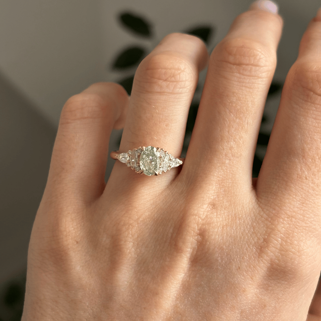 1 Carat Lab Grown Oval Green Diamond Cluster Engagement Ring in Yellow Gold - Lucia