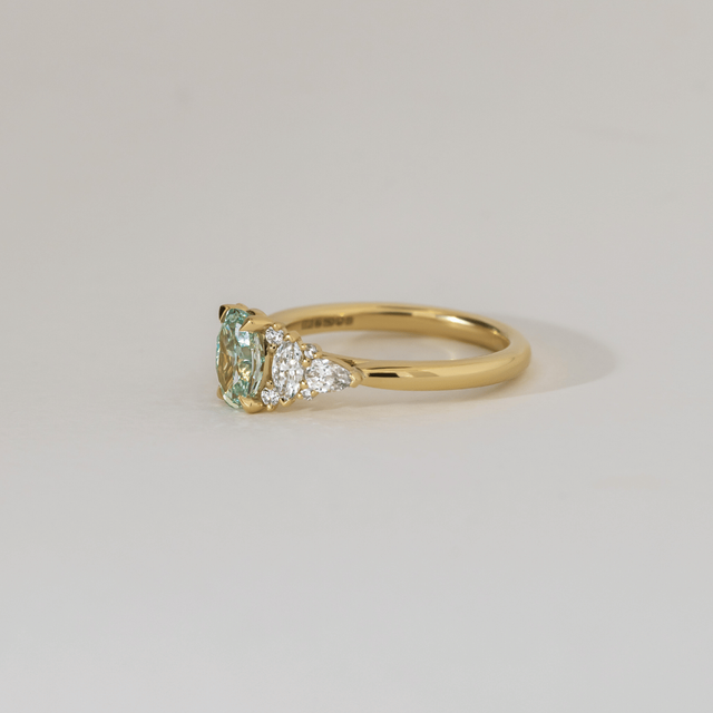 1 Carat Lab Grown Oval Green Diamond Cluster Engagement Ring in Yellow Gold - Lucia
