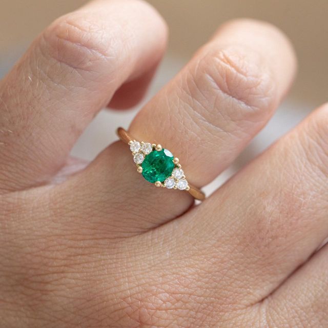 0.82 Carat Natural Oval Green Emerald Cluster Engagement Ring in Yellow Gold - Isabella