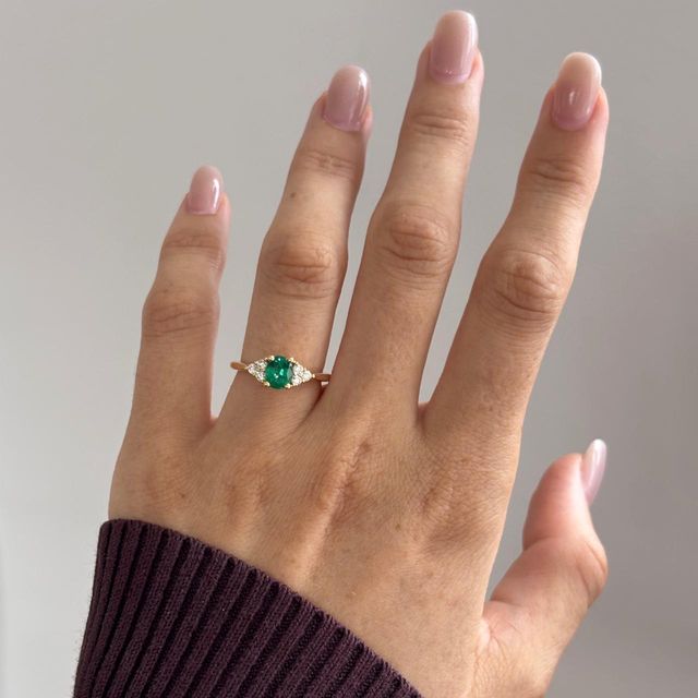 0.82 Carat Natural Oval Green Emerald Cluster Engagement Ring in Yellow Gold - Isabella