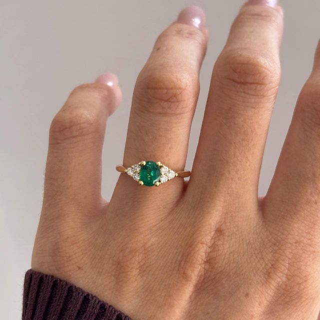 0.82 Carat Natural Oval Green Emerald Cluster Engagement Ring in Yellow Gold - Isabella