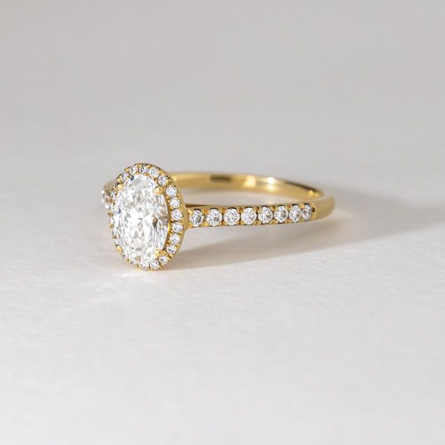 1 Carat Lab Grown Oval Diamond Pavé Band Halo Engagement Ring in Yellow Gold - Maya