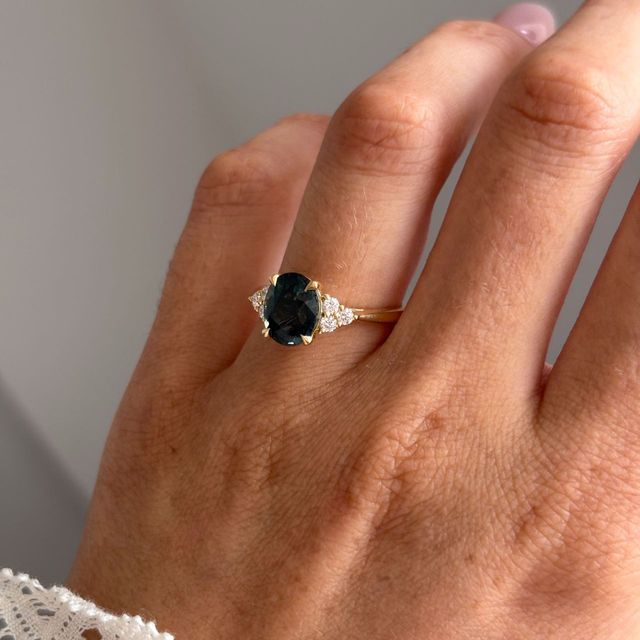 3.07 Carat Natural Oval Teal Sapphire Cluster Engagement Ring in Yellow Gold - Isabella