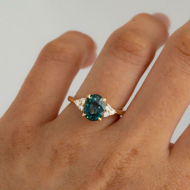 3.07 Carat Natural Oval Teal Sapphire Cluster Engagement Ring in Yellow Gold - Isabella