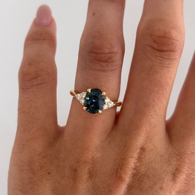 3.07 Carat Natural Oval Teal Sapphire Cluster Engagement Ring in Yellow Gold - Isabella