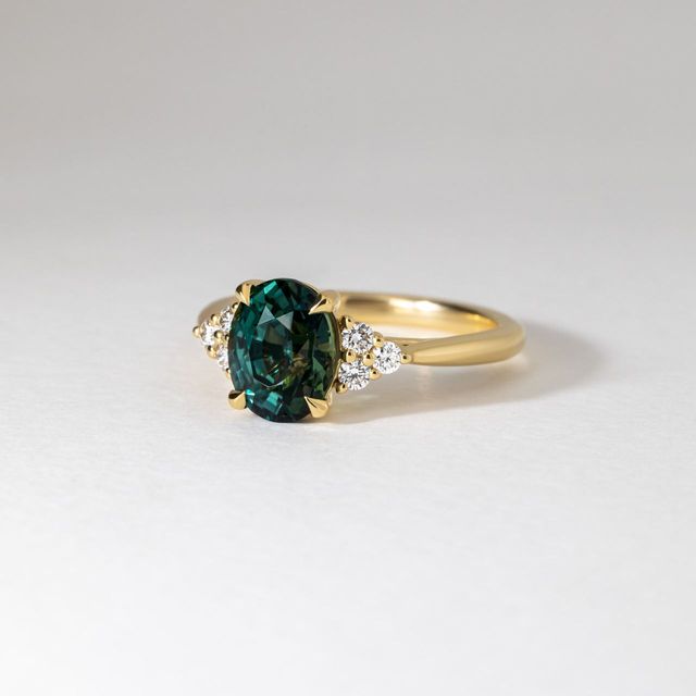 3.07 Carat Natural Oval Teal Sapphire Cluster Engagement Ring in Yellow Gold - Isabella